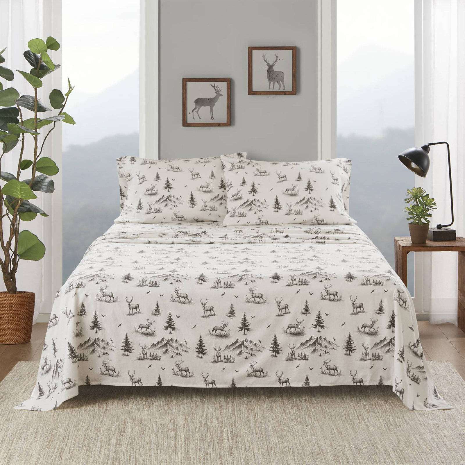 Woolrich 100% Cotton Flannel Sheet Set, Queen Sheet Set with 2 Pillowcases, Gray Forest