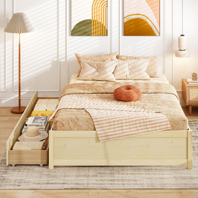 Full Size Wooden Platform Bed with 2 Rolling Storage Drawers Wood Slat Support