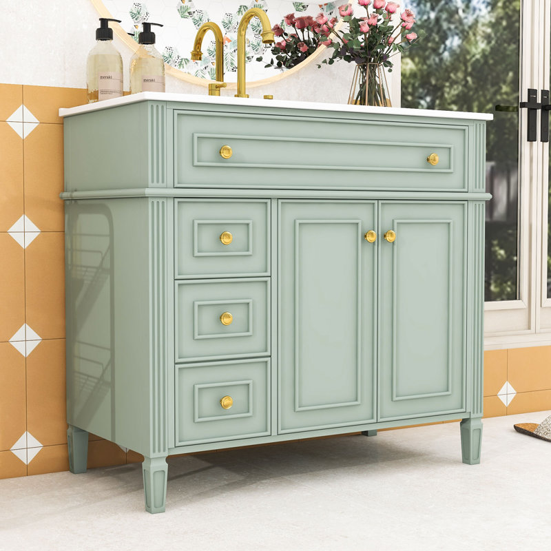 Meuble-lavabo de salle de bain avec lavabo en céramique, 3 tiroirs et armoire de rangement à fermeture en douceur, Vert