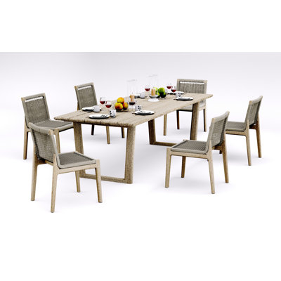 7 Pcs Grade-A Weathered Teak Wood Dining Set: 98" Sema Rectangle Table   Sema Armless Chairs #11Se3300