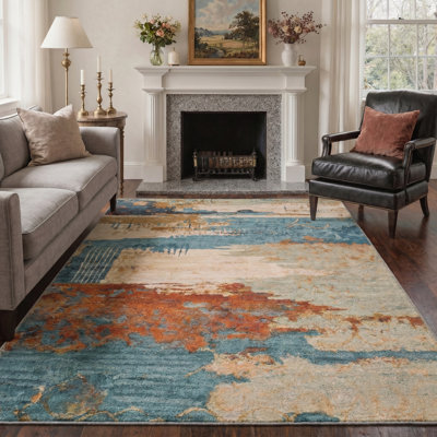 Abstract Landscape Machine Washable Teal / Rust Indoor Area Rug With Non-Slip Backing