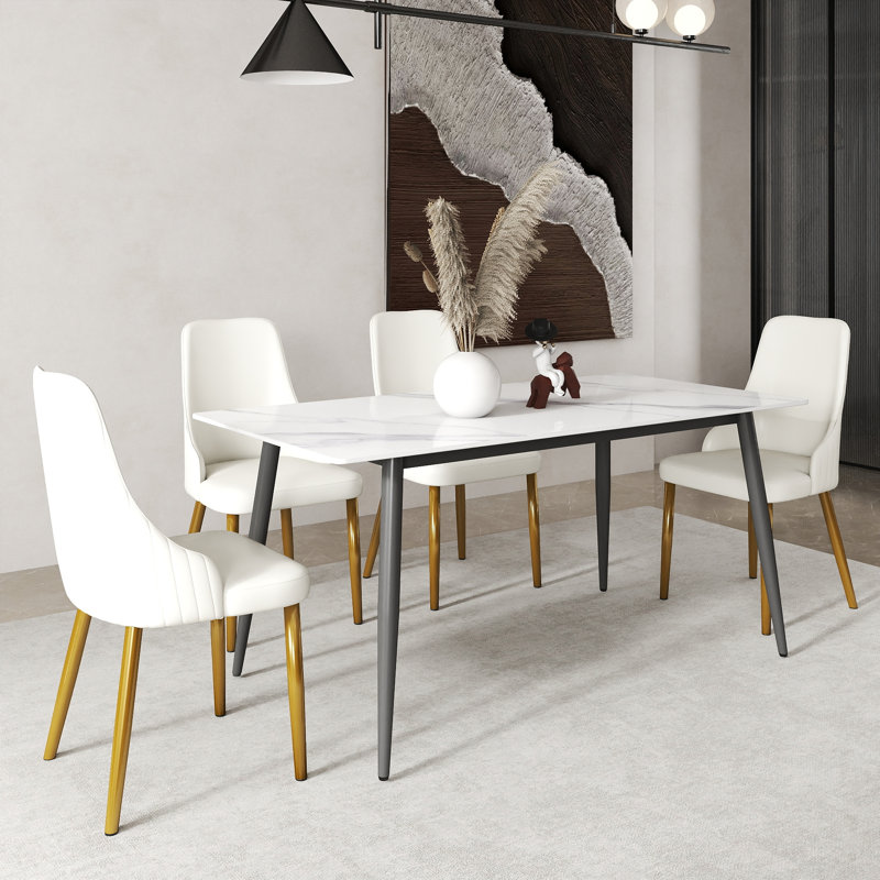 Menifee Nedek 62.99'' Modern Rectangular Sintered Stone Dining Table With 4 Grey Metal Legs, Snow White