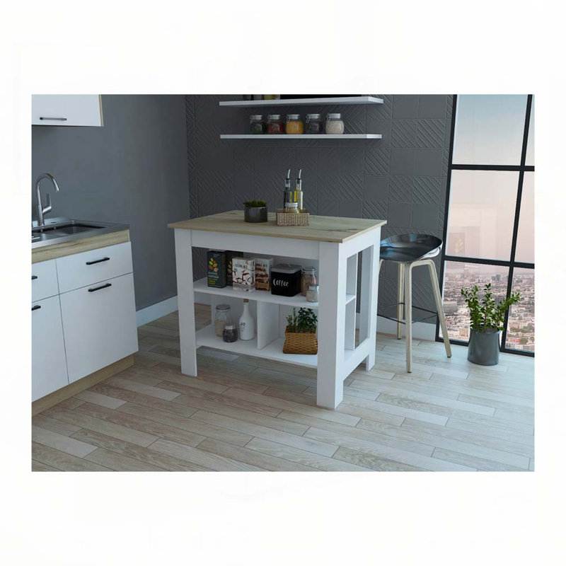 Brooklyn Antibacterial Surface Kitchen Island, Three Concealed Shelves