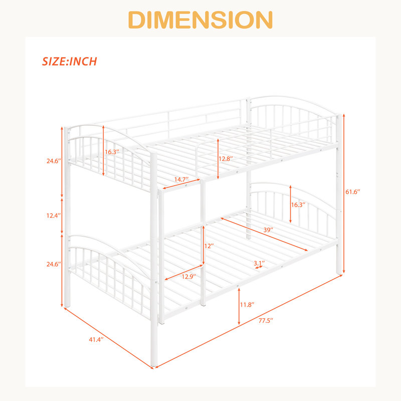 Twin Over Twin Metal Bunk Bed,Divided Into Two Beds, White