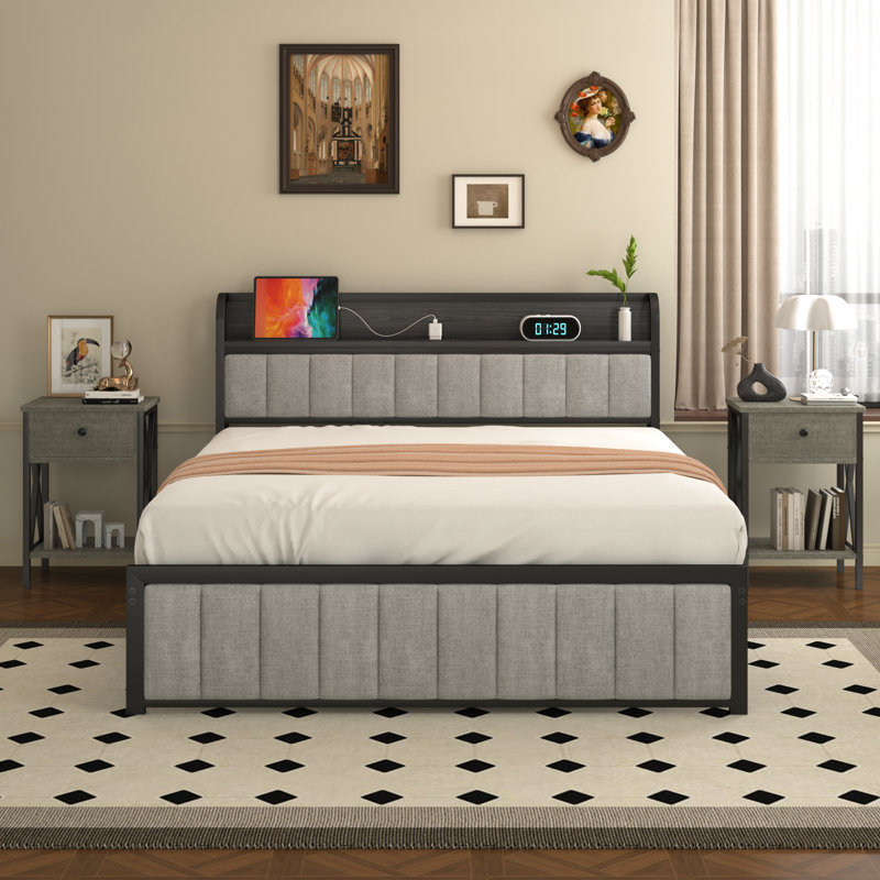 Ensemble de mobilier de chambre à coucher 3 pièces, cadre de lit plateforme en lin gris avec station de charge, ensemble de tête de lit avec rangement moderne et 2 tables de chevet, ensemble de mobilier de chambre à coucher, aucun sommier nécessaire