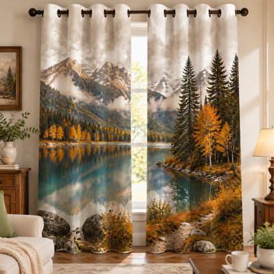 Lot de 2 rideaux imprimés paysage serein de montagne et de lac, forêt d'automne et sommets enneigés, séparateur de pièce artistique avec vue sur la nature, isolation thermique et protection solaire pour la décoration intérieure.