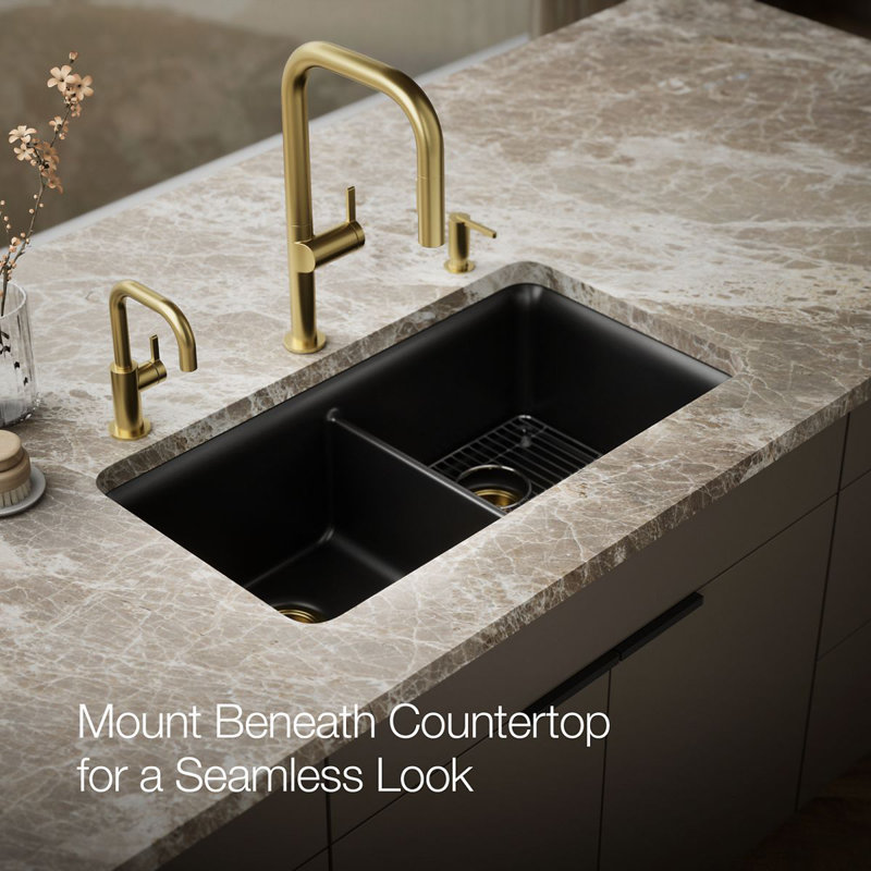 Cairn® 34" L x 18" W Under-Mount Double-Equal Kitchen Sink, Matte Black