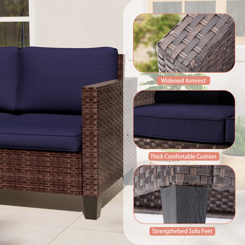Patio Loveseat Sofa PE  Rattan Set With Thick Cushions and Sturdy Frame, Brown, Navy Blue