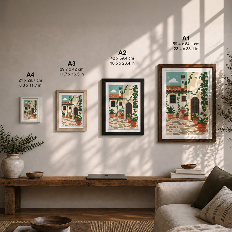 Mediterranean Courtyard Coastal - Framed Print, A4 - 29.7 x 21.0 cm, Oak