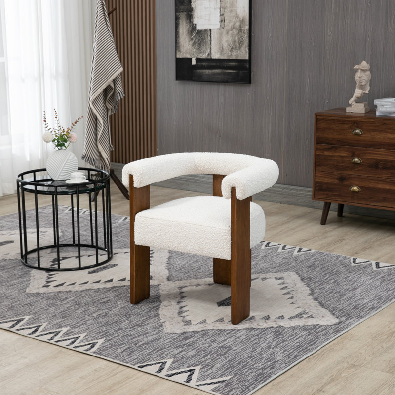 19.6'' H Upholstered Armchair, Cream Boucle Fabric, Walnut