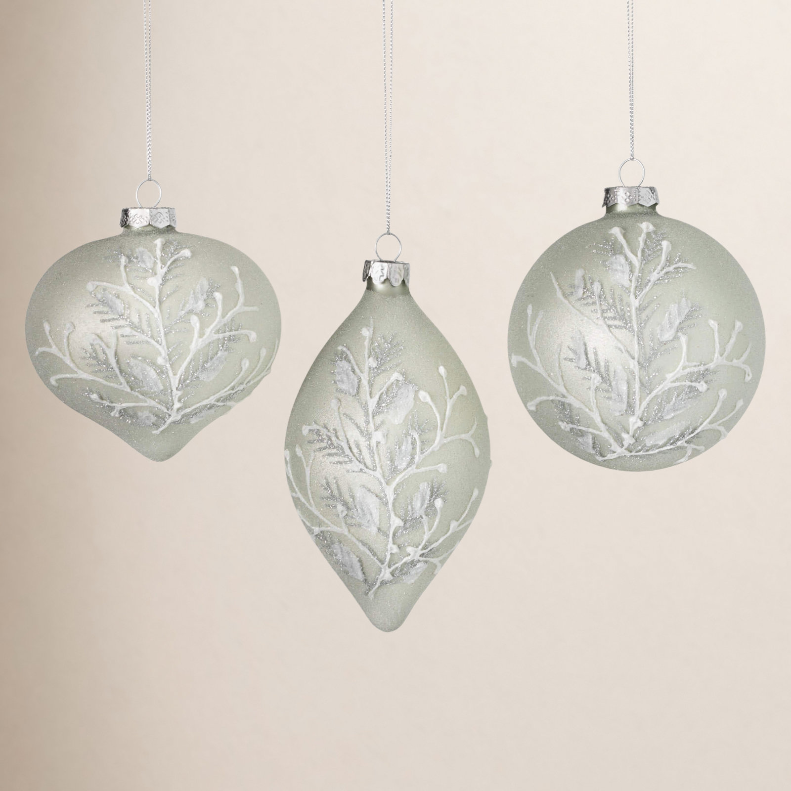 4", 6" & 4" Christmas Embellished Ornament Trio Set of 3, White-Silver