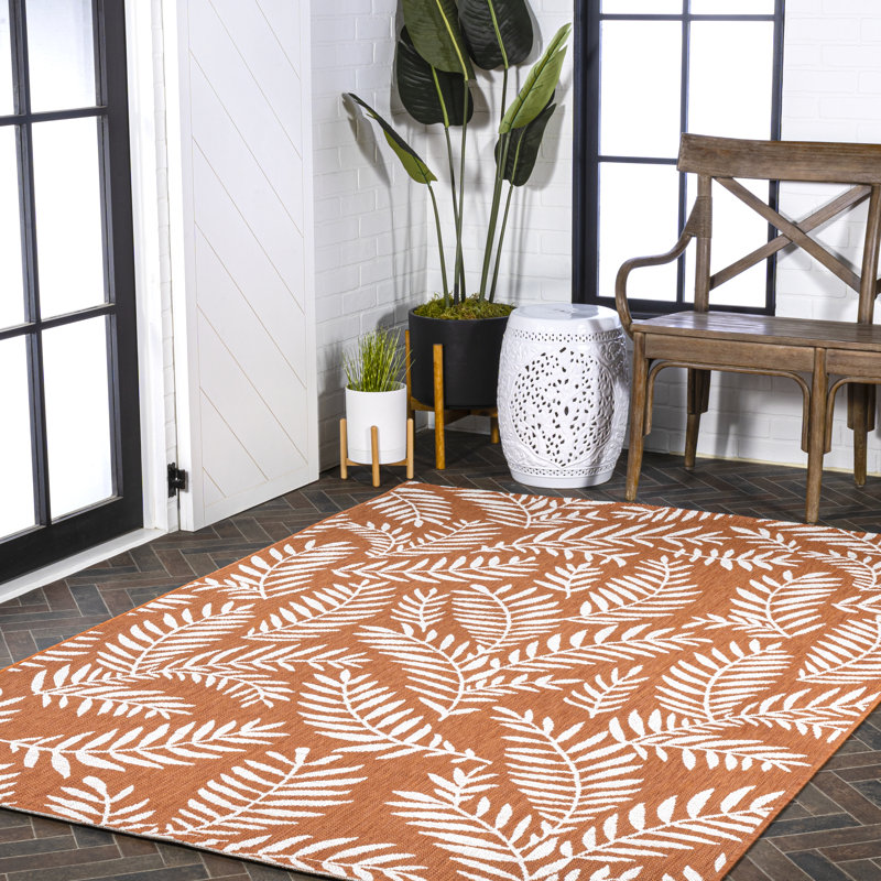 Carnearney Nevis Palm Frond Orange/Cream Indoor/Outdoor Rug, Rectangle 9' x 12'