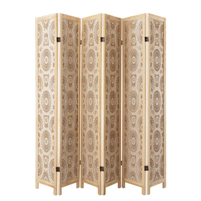 6 Panel Folding Room Divider Screen, Solid Wood Privacy Screen with Carved Floral Design, 360° Hinges Decorative Partition for Bedroom Living Room