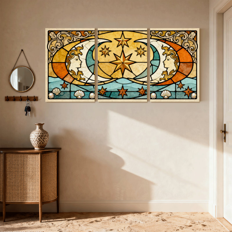 Ensemble de 3 impressions sur toile, lune céleste et étoiles en vitrail, H 30 po x l 60 po