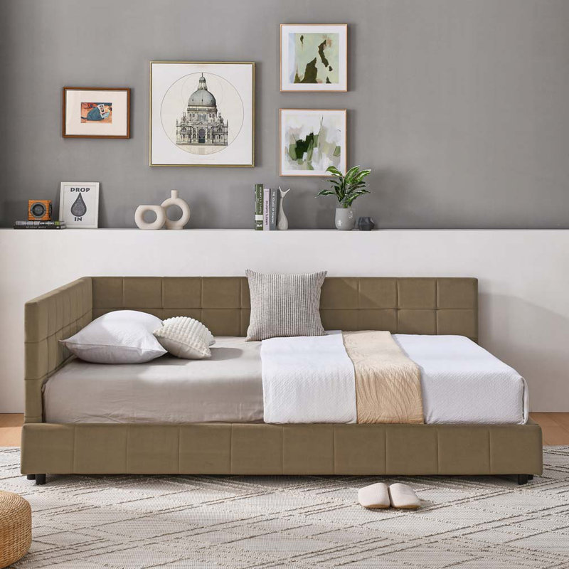 Velvet Daybed,Upholstered Tufted Bed Frame, Sofa Bed Frame with Comfortable Backrest and Armrests, Brown