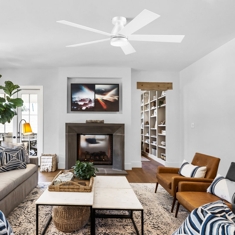 52 Inch Smart Remote,Alexa,APP Control White Ceiling Fan with Dimmable LED Light Outdoor Indoor Flush Mount Low Profile 6 speeds Reversible Quiet DC Motor Plywood 5 Blades Color Change for Farmhouse,Dining Room,Living Room