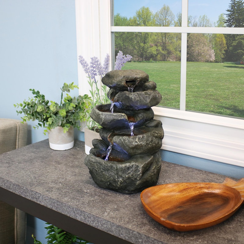  Stacked Polyresin Rocks Rustic Tabletop Fountain with LEDs