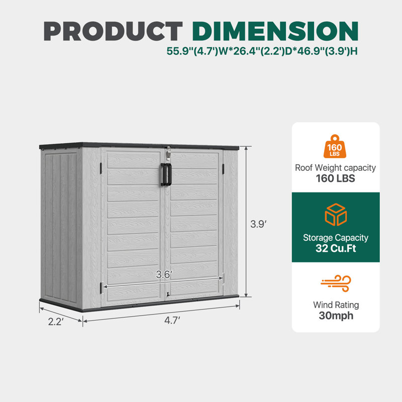 56''W 100 Gallons Outdoor Resin Horizontal Storage Shed With Floor, Lockable Weather-Resistant Cabinet Deck Box For Yard Tools And Garden Patio Furniture