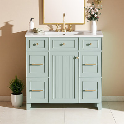 Elegant Bathroom Vanity With Ceramic Sink – Space-Saving Design Featuring Soft-Close Doors, 2 Double-Layer & 2 Standard Drawers, Adjustable Shelf