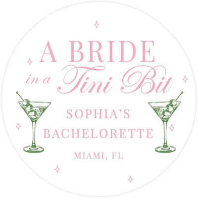 Custom Pink & Green A Bride In A Tini Bit Bachelorette Stickers For Hangover Kits, Dirty Martini Favors, 40 Pack