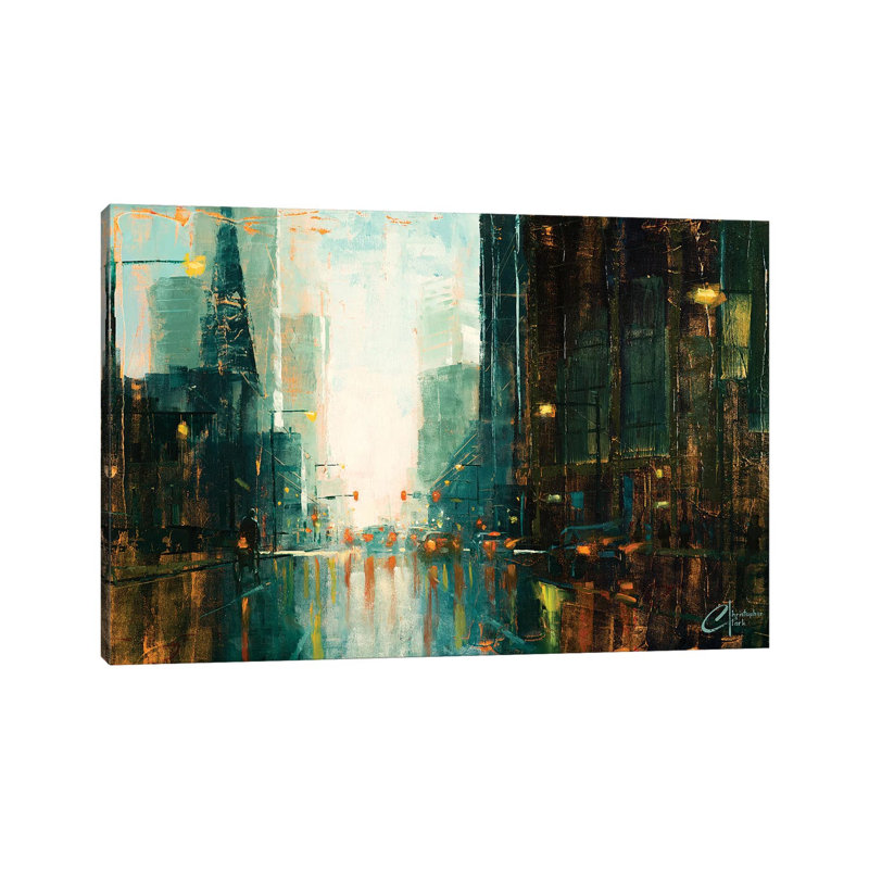 «Denver - Broadway in the Rain I» par Christopher Clark, reproduction d'art, H 12 po x l 18 po x P 1,5 po, Toile tendue