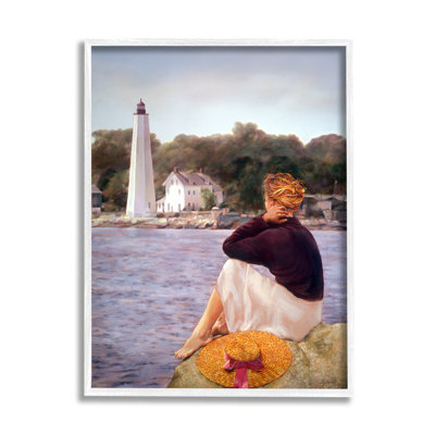 Femme au bord de la mer, phare côtier réaliste, peinture XXL tendue sur toile par Robert Desantis