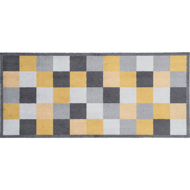 Schall Blocks Ochre Kitchen Mat, Yellow/Grey, 0.8cm H x 67cm W x 150cm L