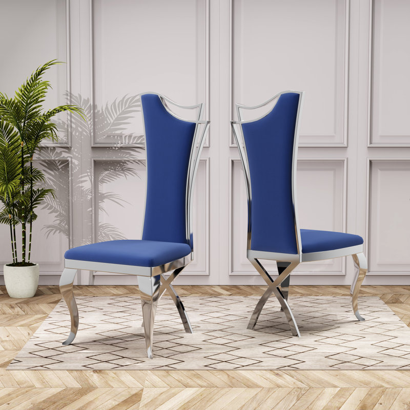 Kovanes Solid Back Upholstered Side Chair Dining Chair, Silver, Blue