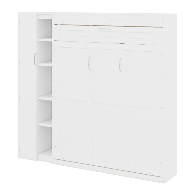 Lit escamotable mural Murphy avec tablettes, garde-robe et lumières DEL, Lit double, blanc