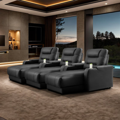 Modern Electric Power Breathable Faux Leather Reclining Home Theater Seating With Adjustable Backrests, Wireless Charging, And Cup Holder (Set Of 3) by Latitude Run