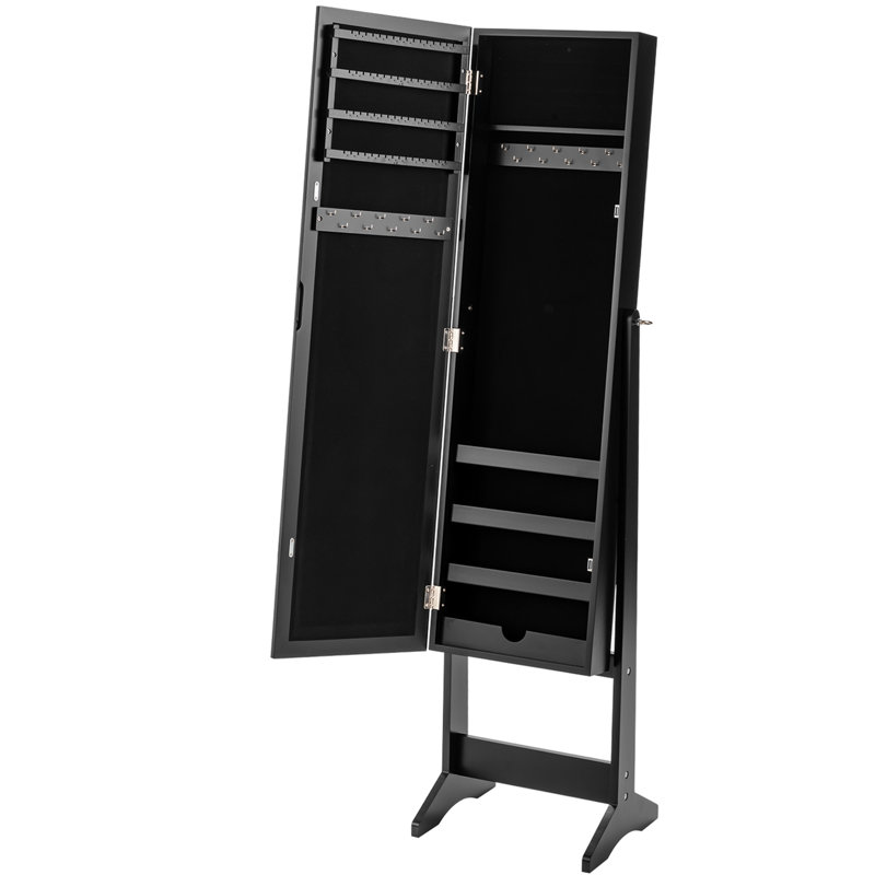 Armoire à bijoux avec miroir pleine grandeur et miroir de maquillage intérieur, Noir