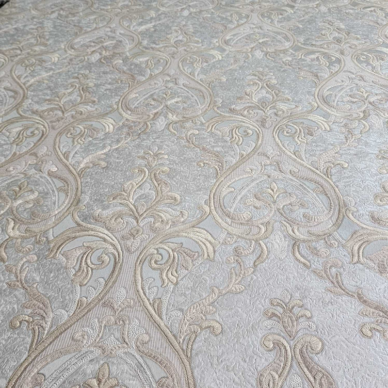 Rouleau de papier peint victorien argenté gris laiton doré métallique ogee damassé 3D