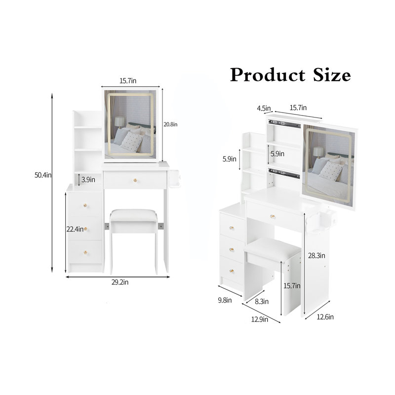 Table de coiffeuse avec 1 tabouret, Blanc