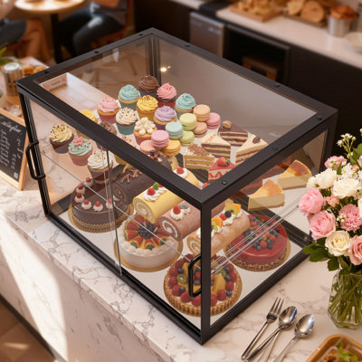 Bakery Display Case, 2-Tier Commercial Countertop Pastry Display Case, 21.7" x 15.2" x 15.4", Clear Acrylic Bread Box for Kitchen, Party Cake Cabinet with Sliding Door for Cookie Dessert Donut