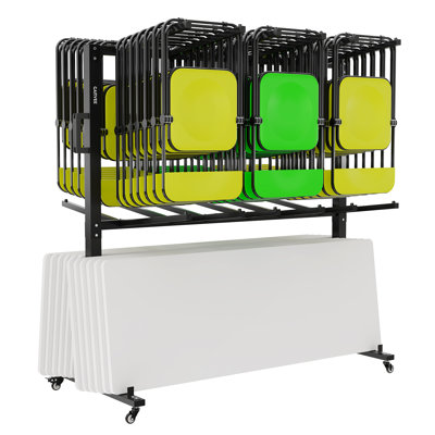 Chariot de transport 800 lb à deux niveaux pour chaise pliante robuste, support en acier au carbone avec tablette réglable, roulettes verrouillables, housse et sangles pour les événements de banquet et de centre social