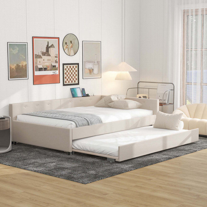Upholstered Platform Bed with USB and Twin Size Trundle, Full