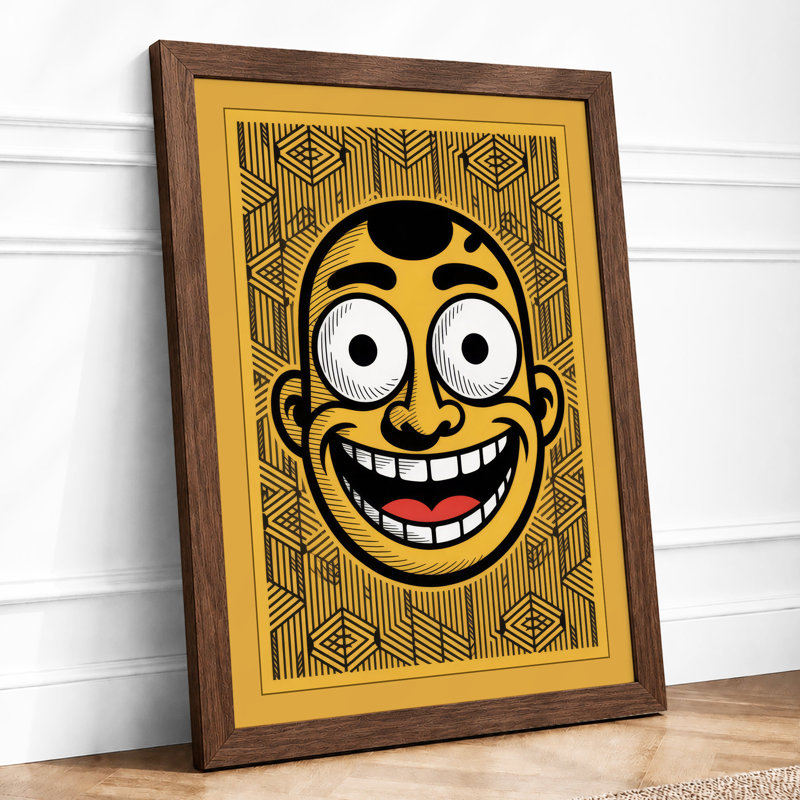 Grinning Face Retro - Print, A2 - 59.4 x 42.0 cm, Walnut