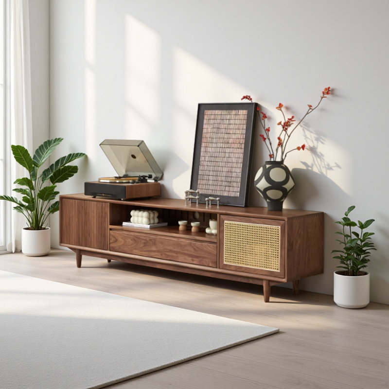 Meuble télé de style rétro en bois de noyer noir, H 20,47 po x L 70,86 po x l 15,74 po