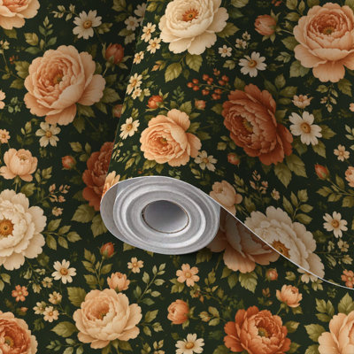 Papier de contact à peler et coller avec papier peint à motif floral orange foncé, crème et roses, vert, auto-adhésif et amovible 24 po x 118 po (60 x 300 cm)