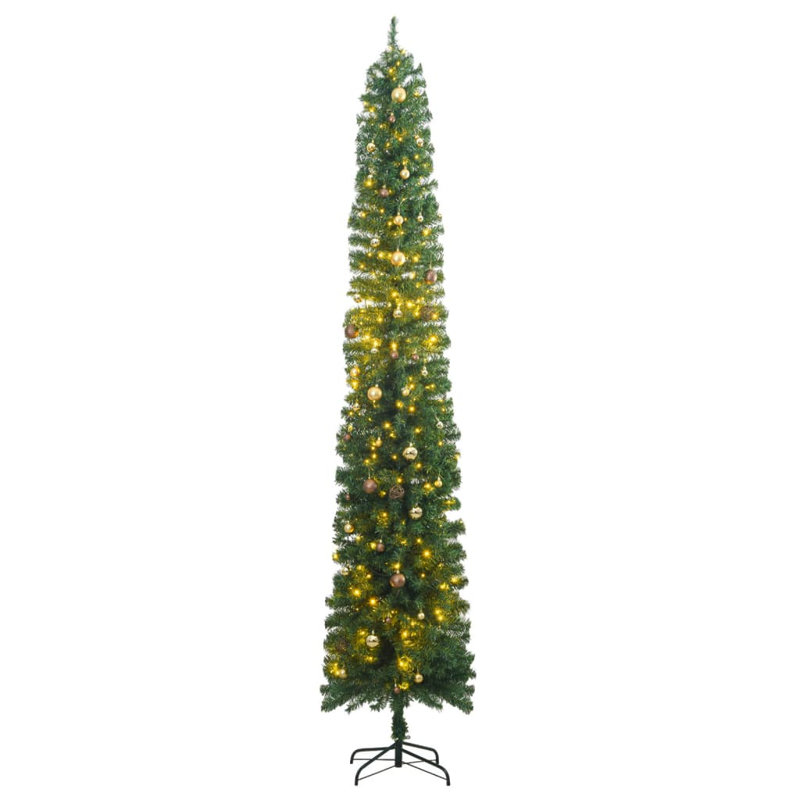 Mince arbre de Noël artificiel, H 9,8 pi, avec 150 DEL et 61 boules dorées / bronze, Vert