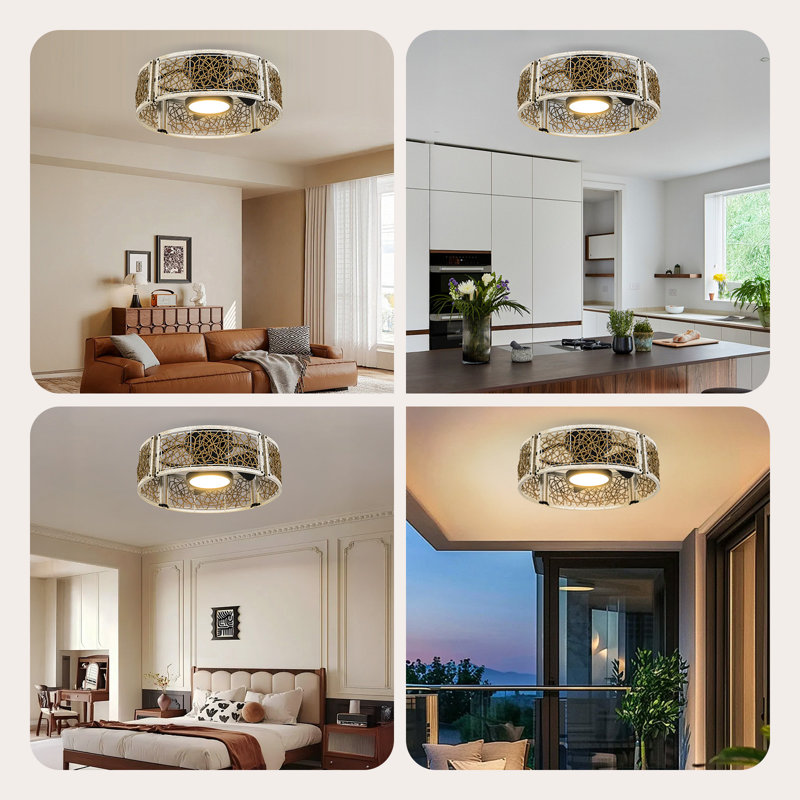  20-Inch Low-Ceiling Cage Ceiling Fan with LED Light, Natural Rattan White Oak, White Oak