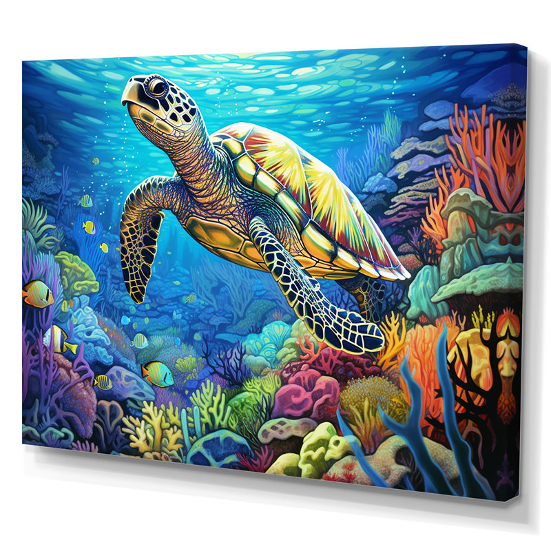 «Blue Sea Turtle World» - art mural corail sous l'eau, H 12 po x l 20 po x P 1 po, Toile tendue