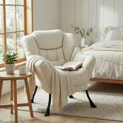 Fauteuil Lazy, fauteuil d'appoint moderne et confortable, grand fauteuil avec une poche latérale, fauteuil de lecture pour chambre à coucher, salon, dortoir (beige)