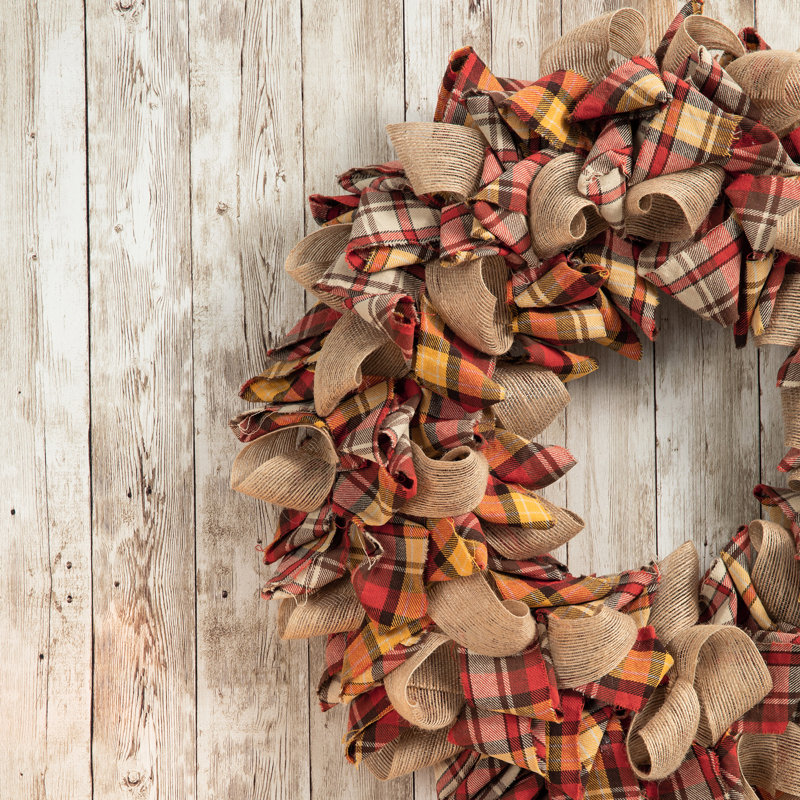 18.5" Fall Plaid Burlap and Cotton Front Door Wreath