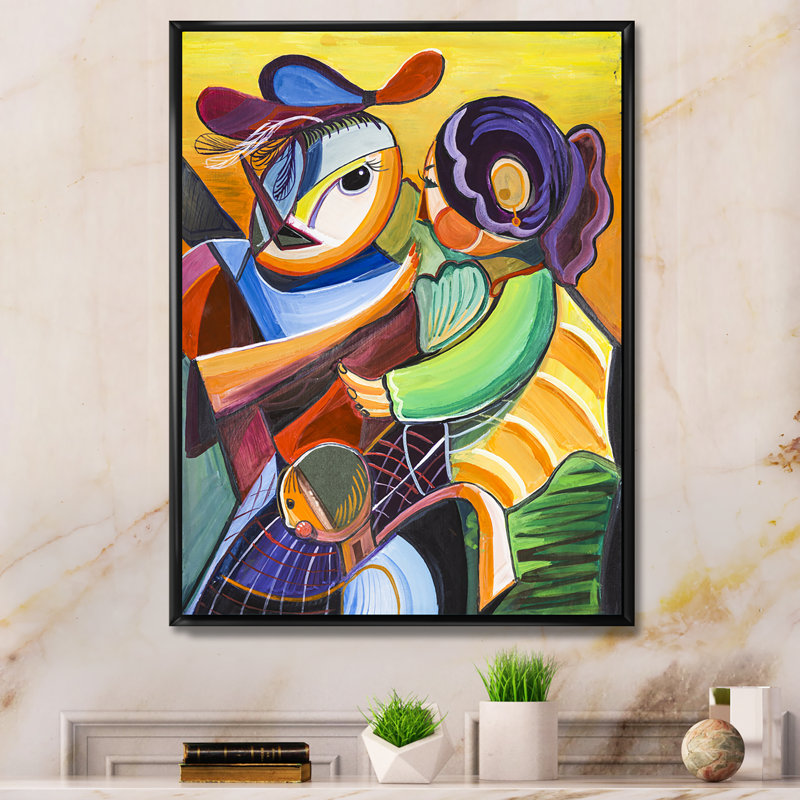 Abstrait deux femmes rencontrant - peinture, H 32 po x l 16 po x P 1 po, Cadre flottant noir