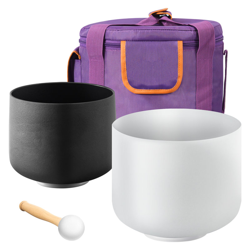 2 bols chantants en cristal 8 "et 10" bols chantants A & F avec sac de transport, 7.7" H x 10" W x 10" D, Noir / blanc, 2
