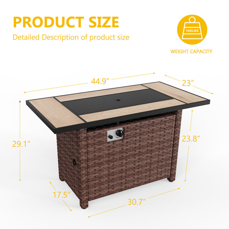 45 inch 50,000 BTU Outdoor Wicker Patio Gas Fire Pit Table, Brown