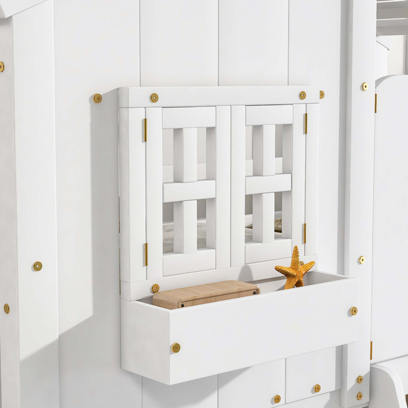 Twin over Twin House Bunk Bed with Roof , with Safety Guardrails and Ladder,White
