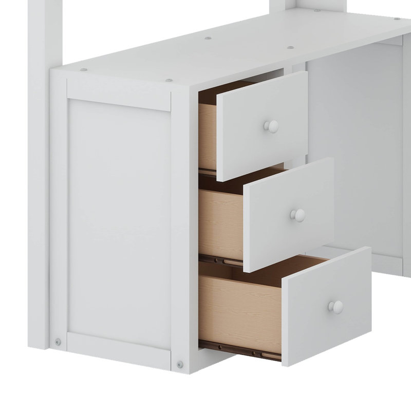 Lit mezzanine simple avec bureau, tiroirs et garde-robe, Blanc
