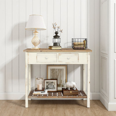 Distressed Vintage Console Table with 2 Drawers & Open Shelf - 35.4" Entryway, Hallway, or Living Room Accent Table